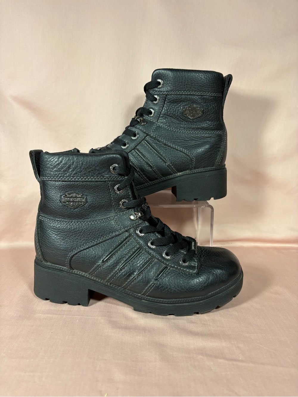 Harley Davidson Women's 9 Black Leather Tamia Lace-Up Side-Zip Motorcycle Boots
